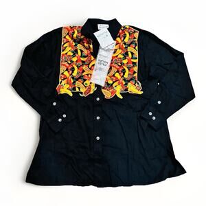 Quacker Factory Chili Pepper Embroidered Western Shirt Black Button Up L NWT